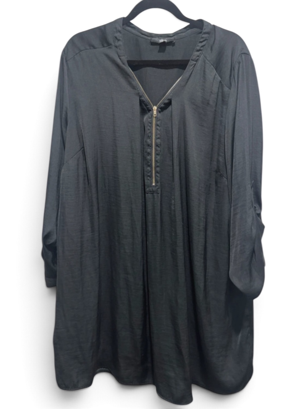 Black Zip Neck Longline Tunic Gold Hardware Roll Tab Blouse Ellos 1X 22/24